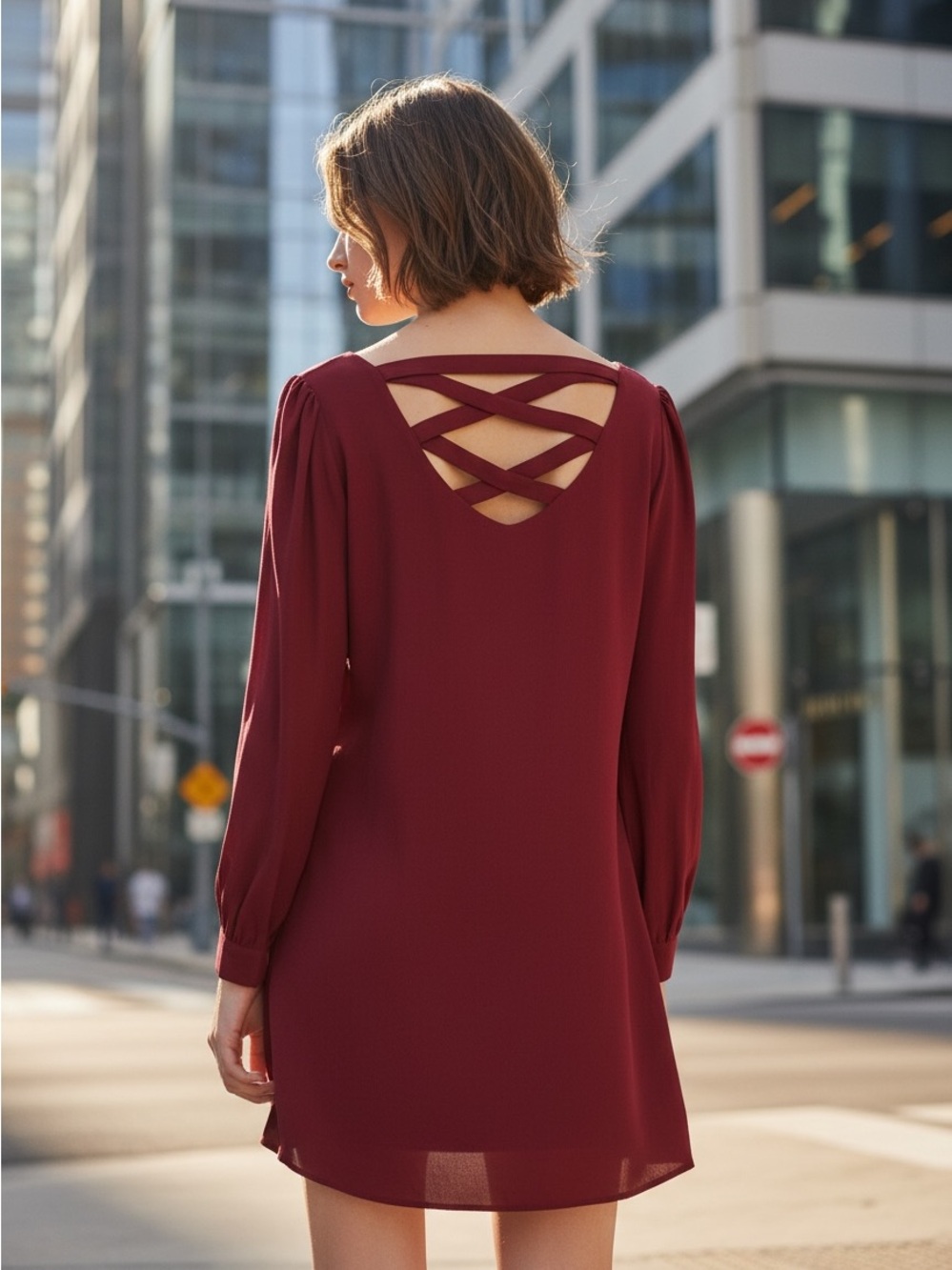Blu Pepper Long Sleeve Shift Dress Crisscross Back Style B9404 Burgundy Size M